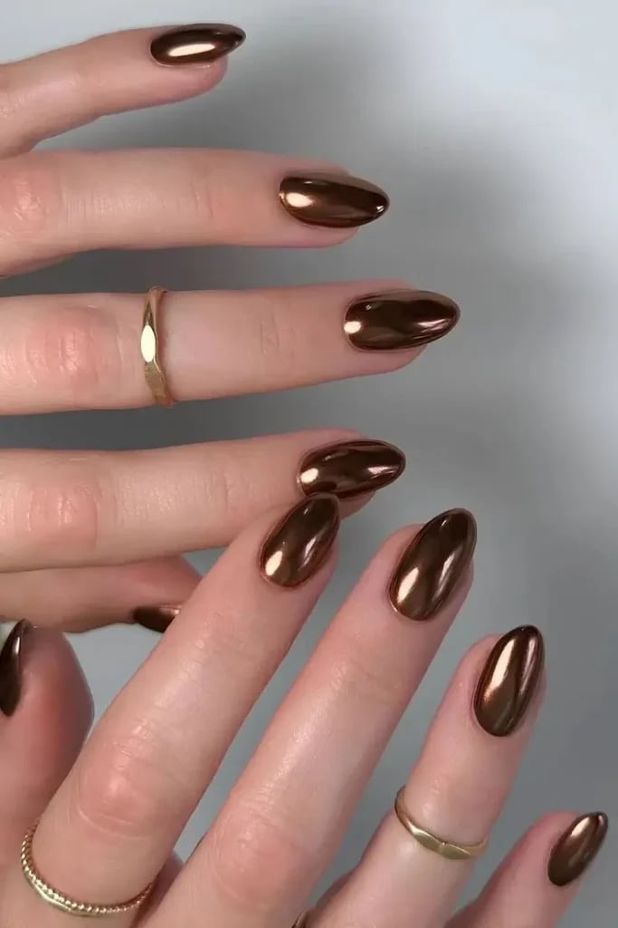 Rich Bronze Chrome Medium Almond Nails — Simple Metallic Nails