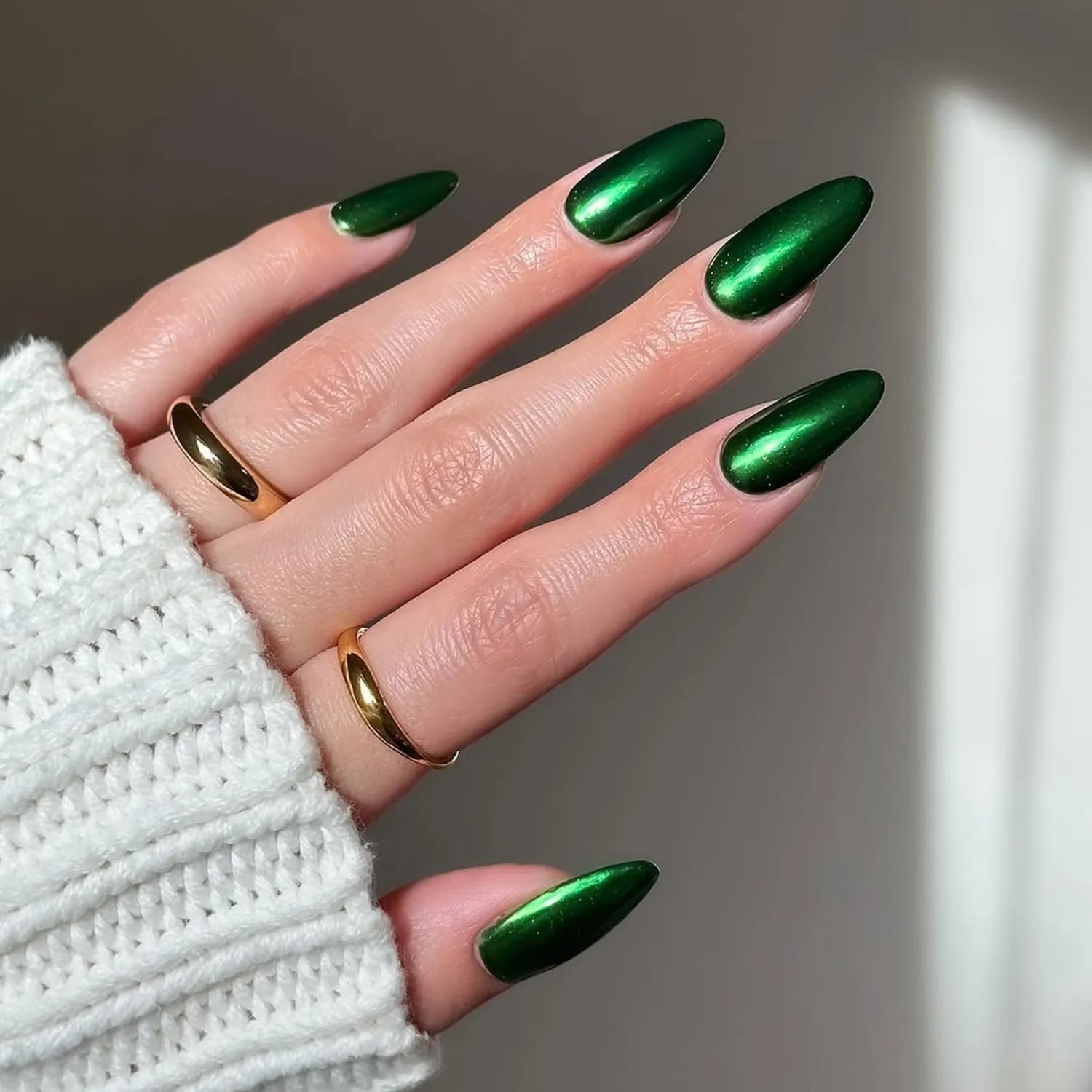 Deep Metallic Green Chrome Medium Almond Nails — Simple Metallic Nails