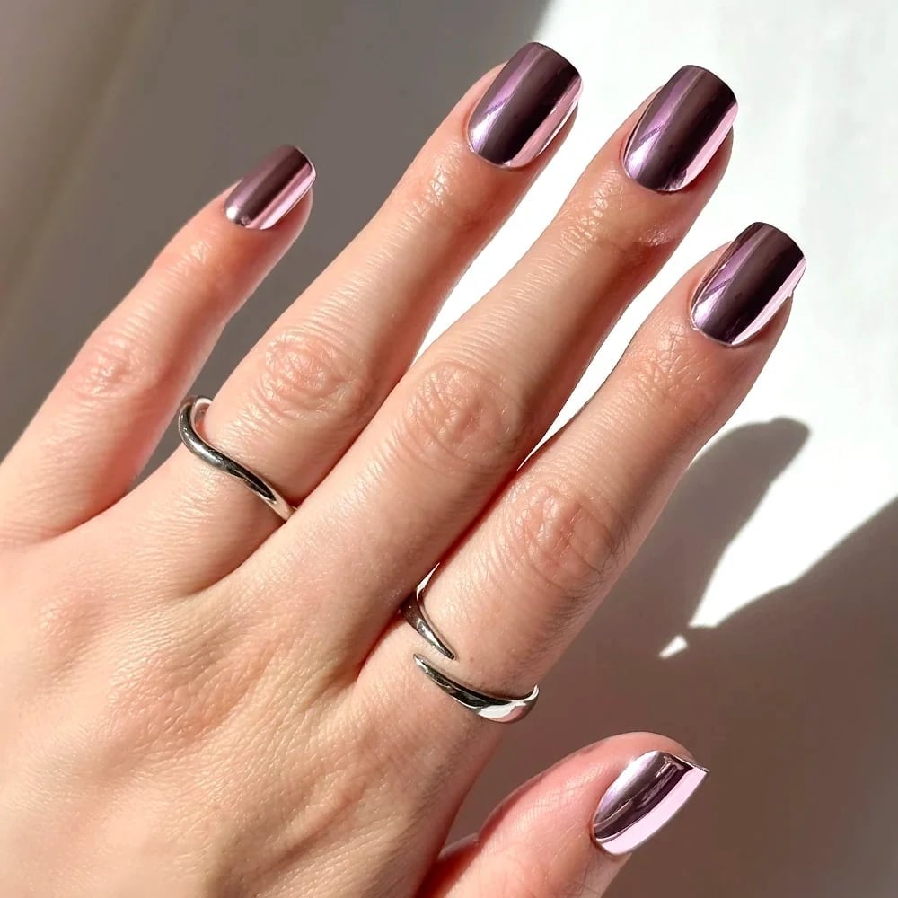 Rose Gold Chrome Short Square Nails — Simple Metallic Nails