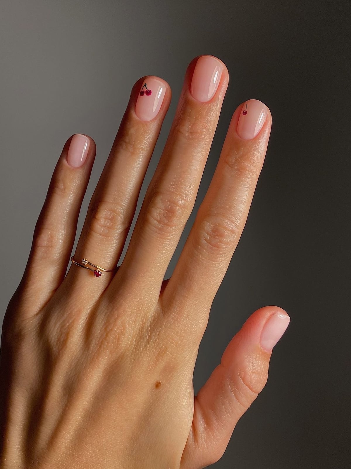 Pale Pink With Tiny Red Cherry Designs — Simple Minimalist Nails