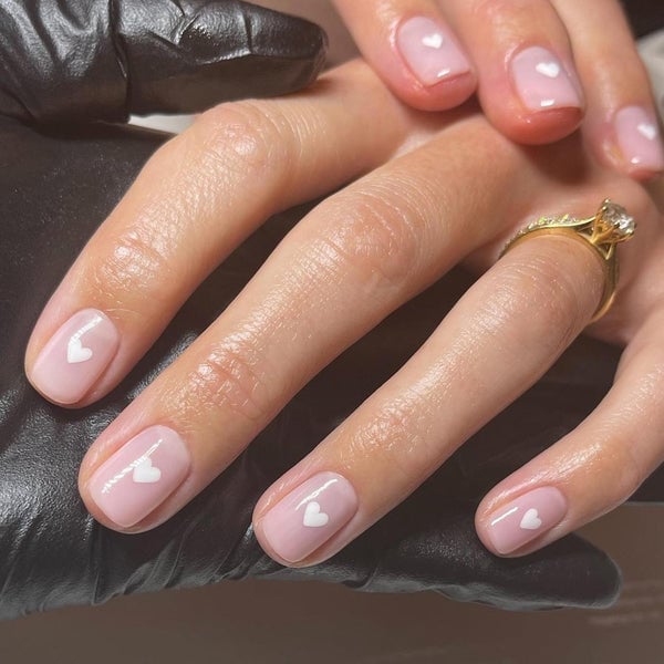 Short Square With Delicate White Hearts — Simple Minimalist Nails