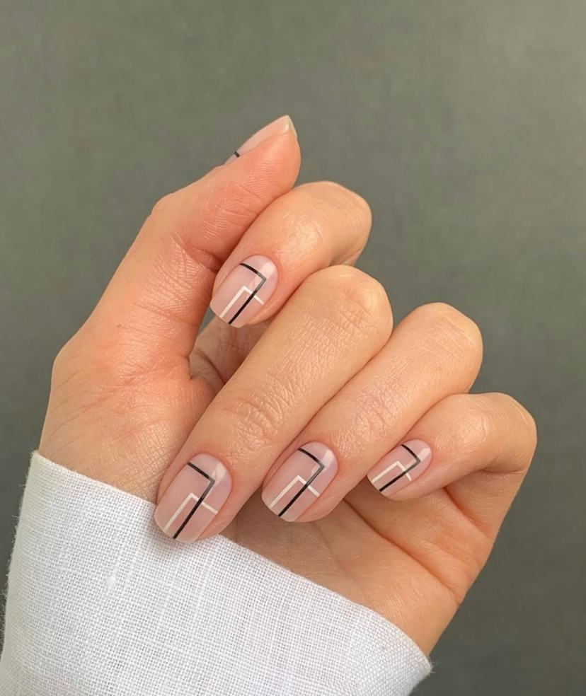 Short Square With Geometric Black And White Lines — Simple Minimalist Nails