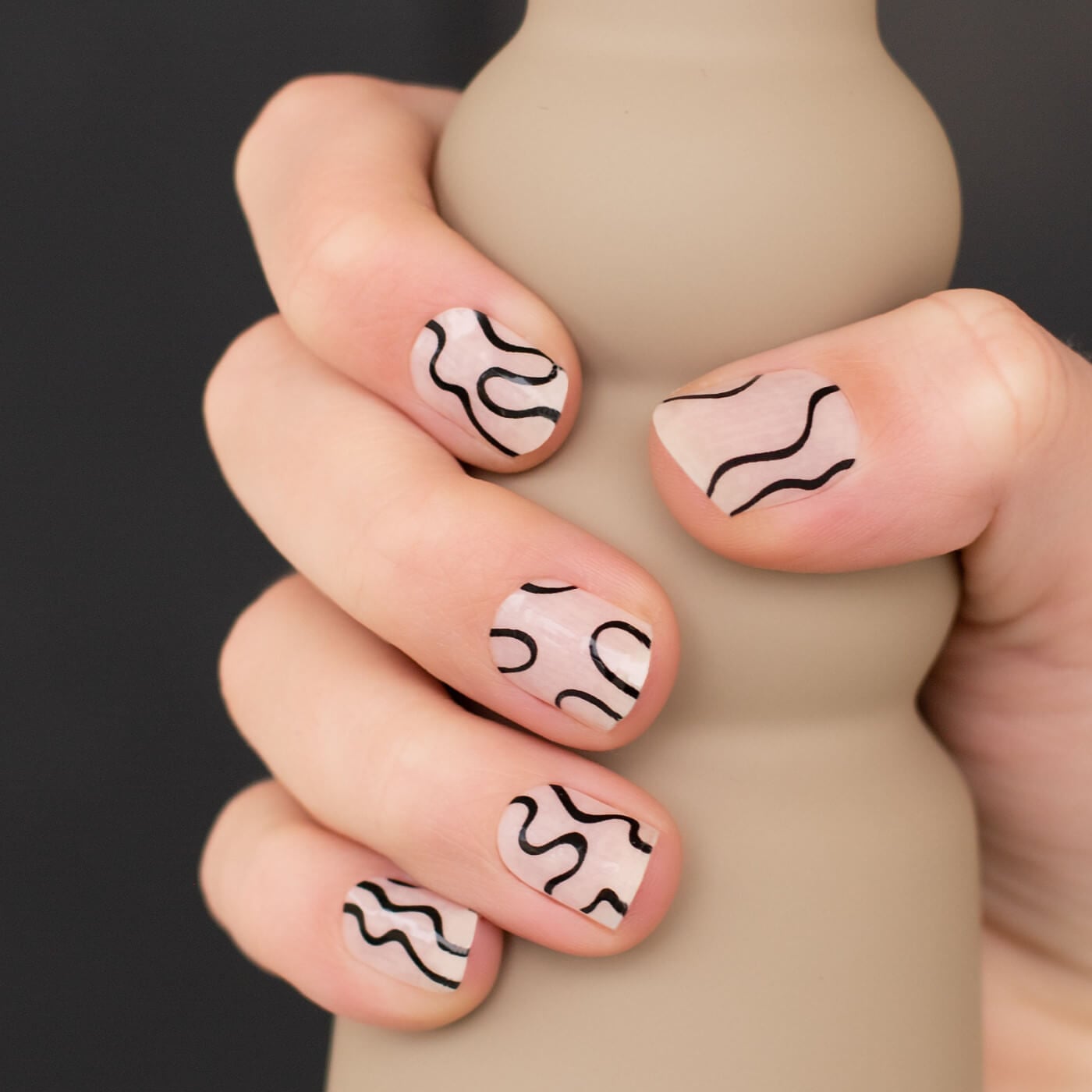 Short Square With Abstract Black Wavy Lines — Simple Minimalist Nails