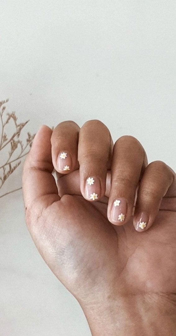 Short Square With White Floral Designs — Simple Minimalist Nails