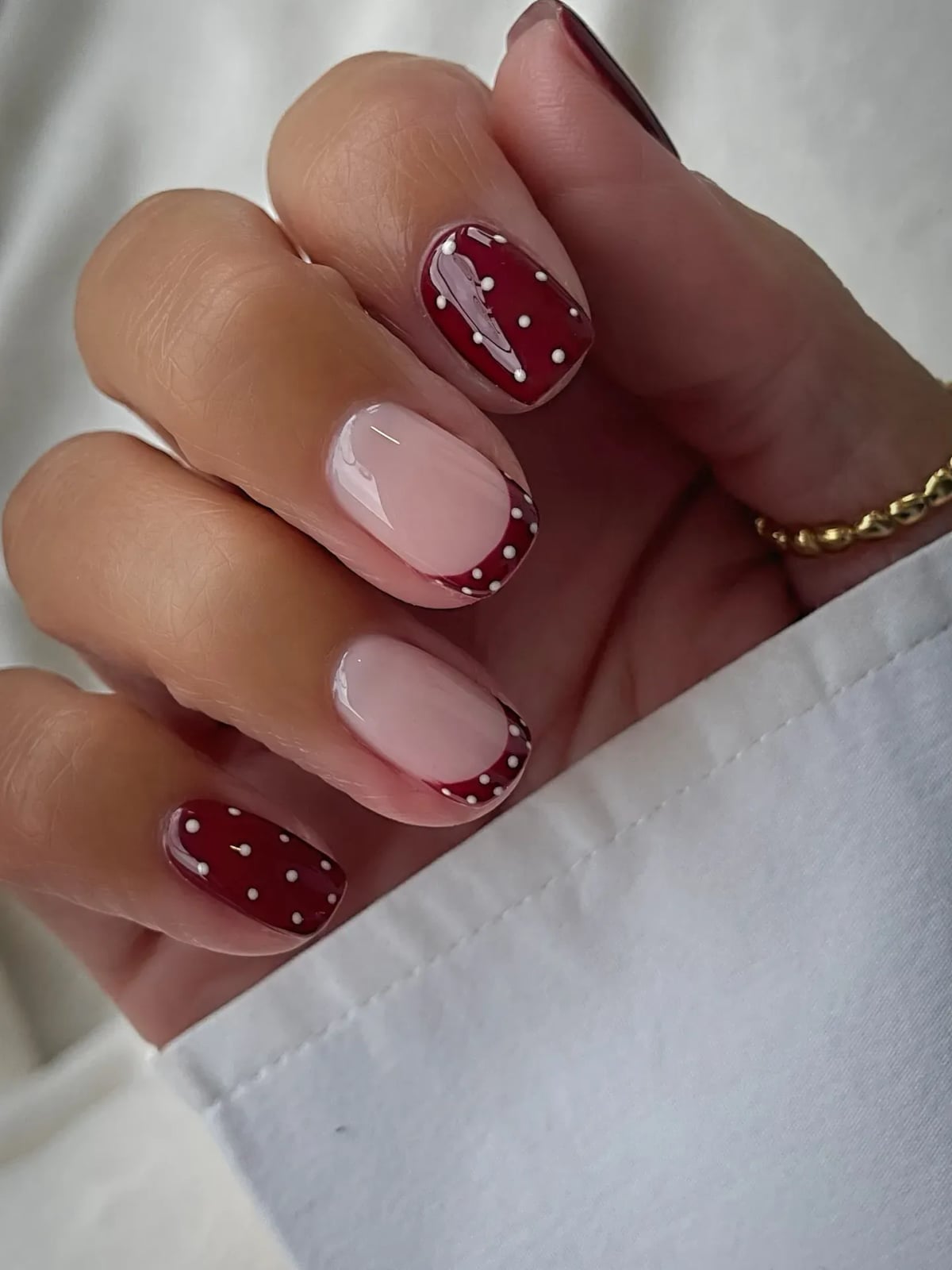 Short Almond French With White Polka Dots — Simple Minimalist Nails
