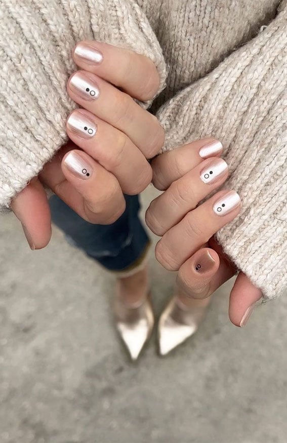 Short Square Pearl With Black Dot Accents — Simple Minimalist Nails