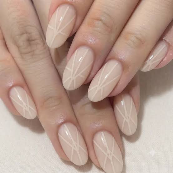Medium Almond With White Geometric Lines — Simple Minimalist Nails