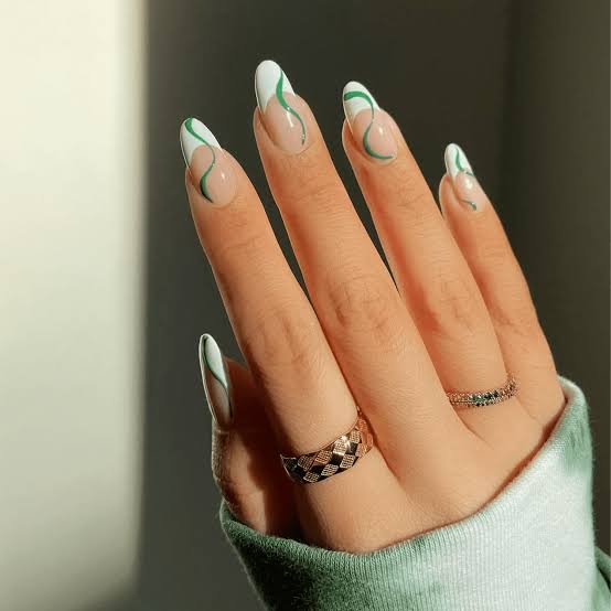 Long Almond With Green And White Wavy Lines — Simple Minimalist Nails