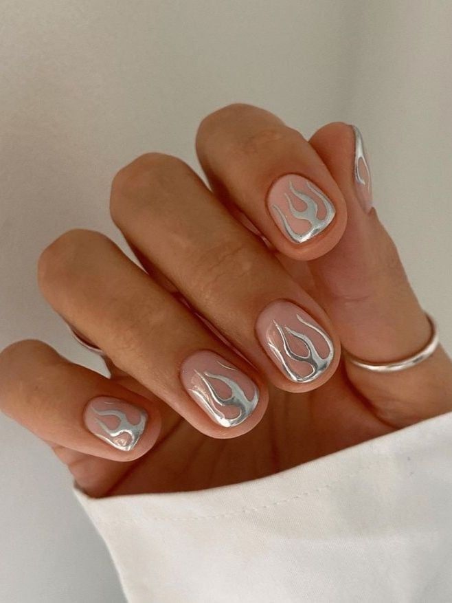 Short Almond Chrome With Silver Flames — Simple Minimalist Nails