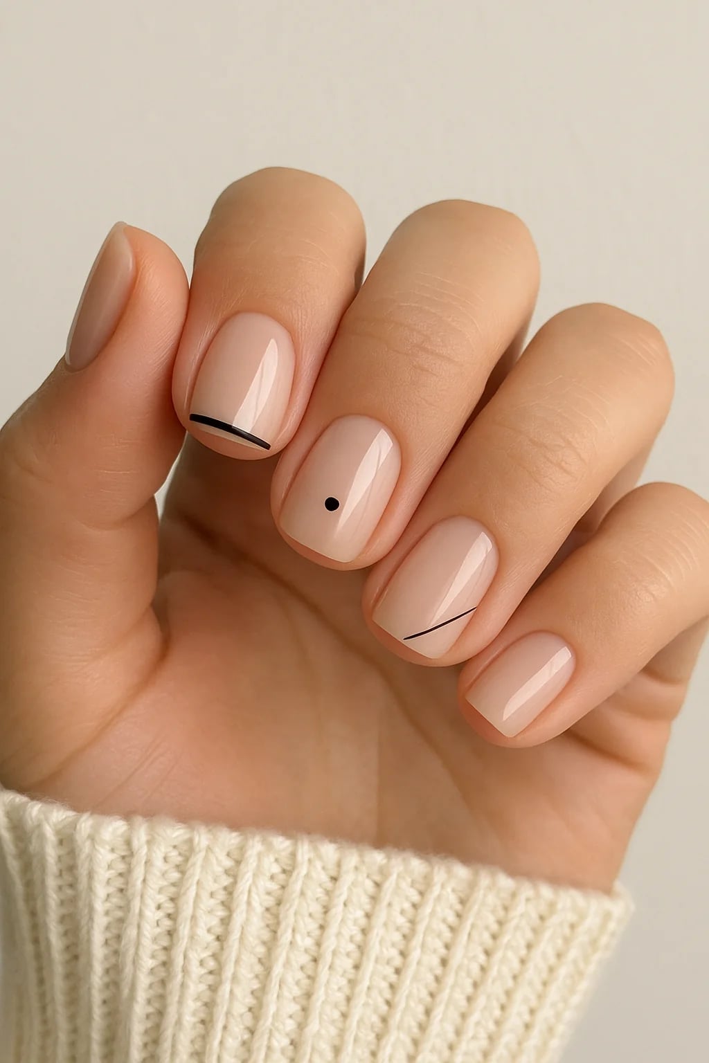 Sheer Nude With Black Line And Dot Art — Simple Minimalist Nails