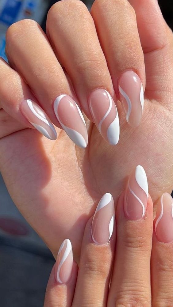 Medium Almond With Modern White Swirl French Tips — Simple Minimalist Nails