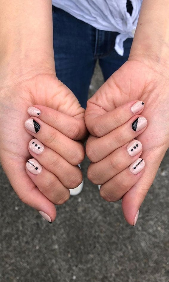 Nude Short Square With Black Geometric Shapes — Simple Minimalist Nails