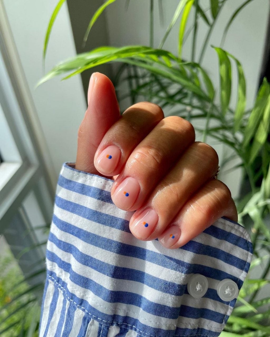 Nude Base With Blue And Orange Dot Accents — Simple Minimalist Nails