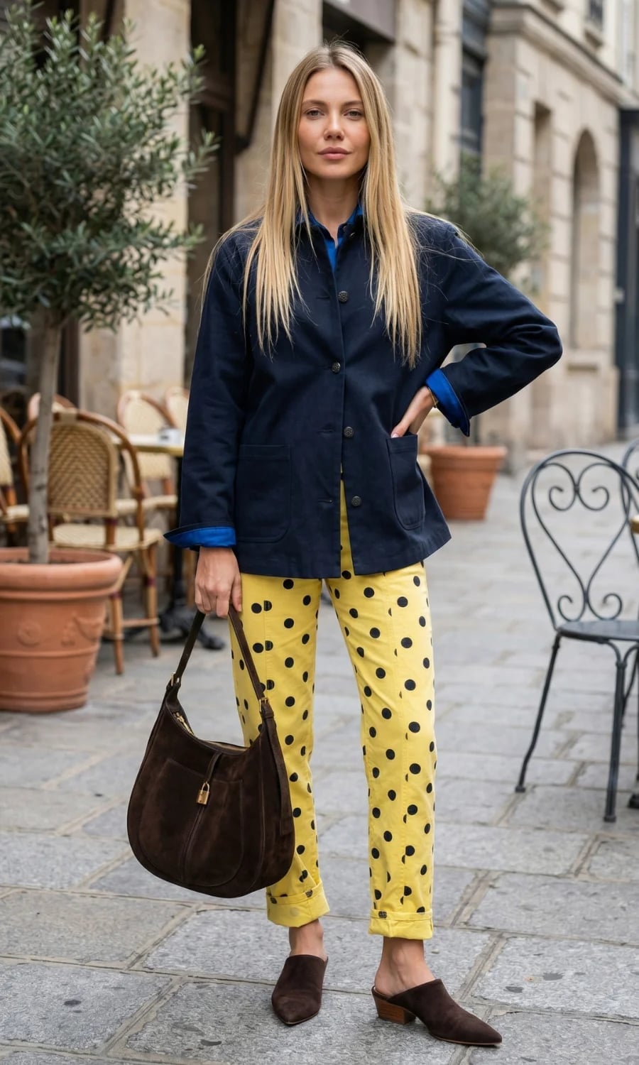 Yellow Polka Dot Pants with Blue Shirt and Brown Mules Yellow Polka Dot Pants with Blue Shirt and Brown Mules — Simple Mules Outfits