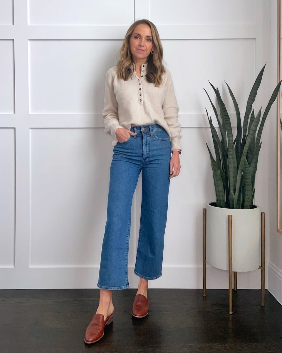 Cream Henley Sweater with Wide Leg Jeans, Office-Safe Version Cream Henley Sweater with Wide Leg Jeans, Office-Safe Version — Simple Mules Outfits