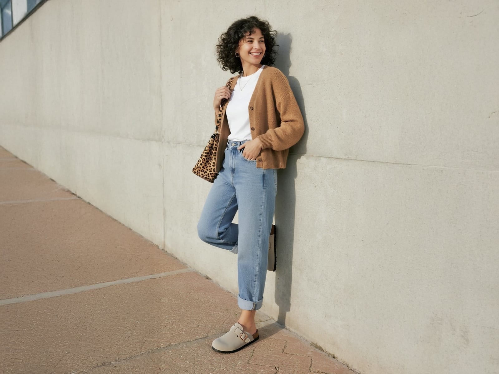 Tan Cardigan Over Jeans and White T-Shirt with Grey Mules Tan Cardigan Over Jeans and White T-Shirt with Grey Mules — Simple Mules Outfits