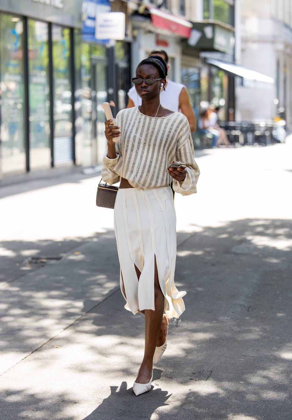 Sheer Knit Top with Satin Skirt and White Pointed Mules Sheer Knit Top with Satin Skirt and White Pointed Mules — Simple Mules Outfits