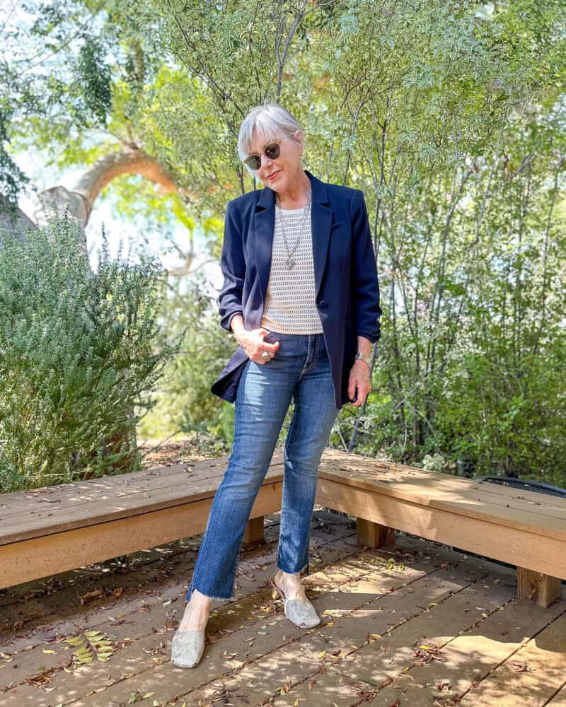 Navy Blazer with Jeans and Silver Embellished Mules Navy Blazer with Jeans and Silver Embellished Mules — Simple Mules Outfits