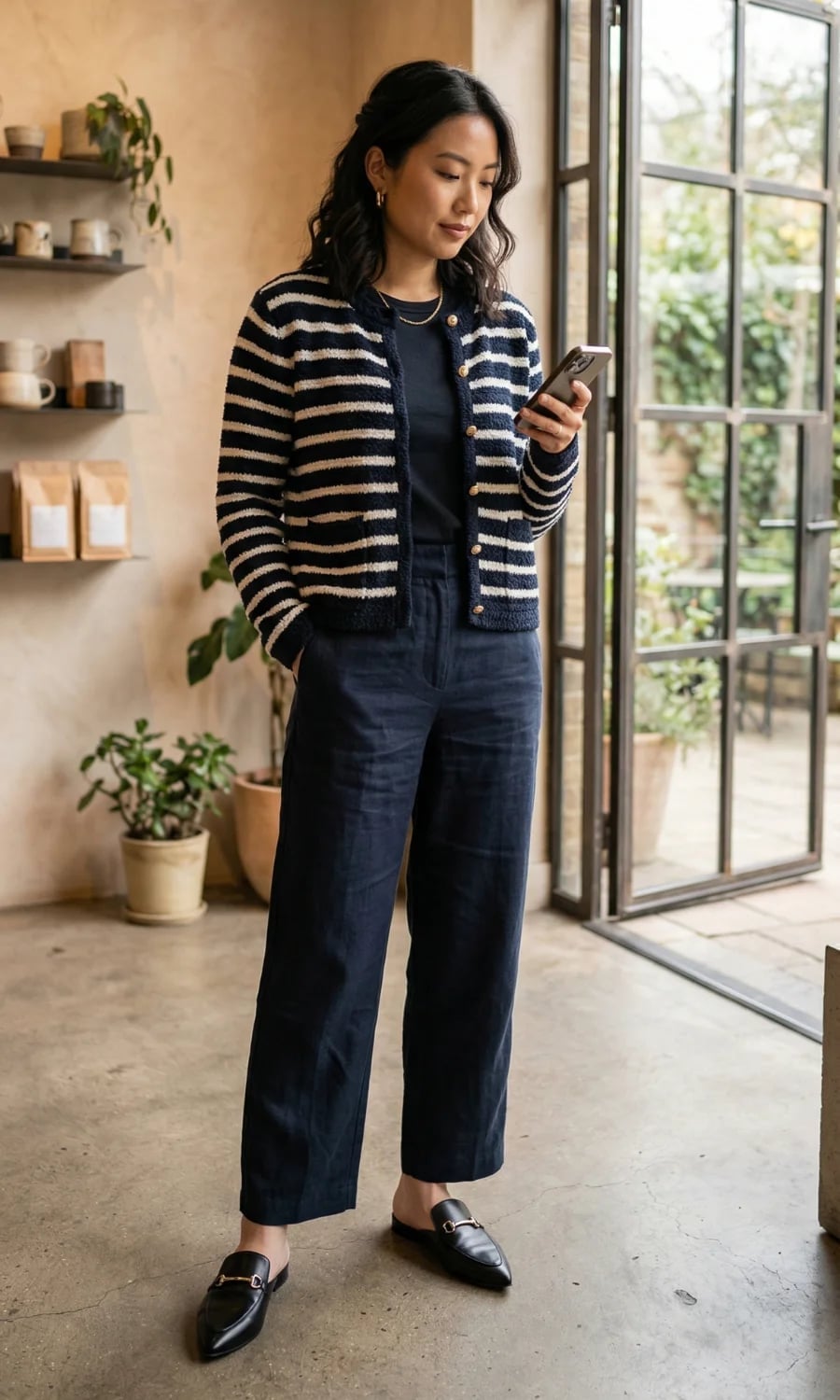 Striped Cardigan Over Black Top with Navy Trousers Striped Cardigan Over Black Top with Navy Trousers — Simple Mules Outfits