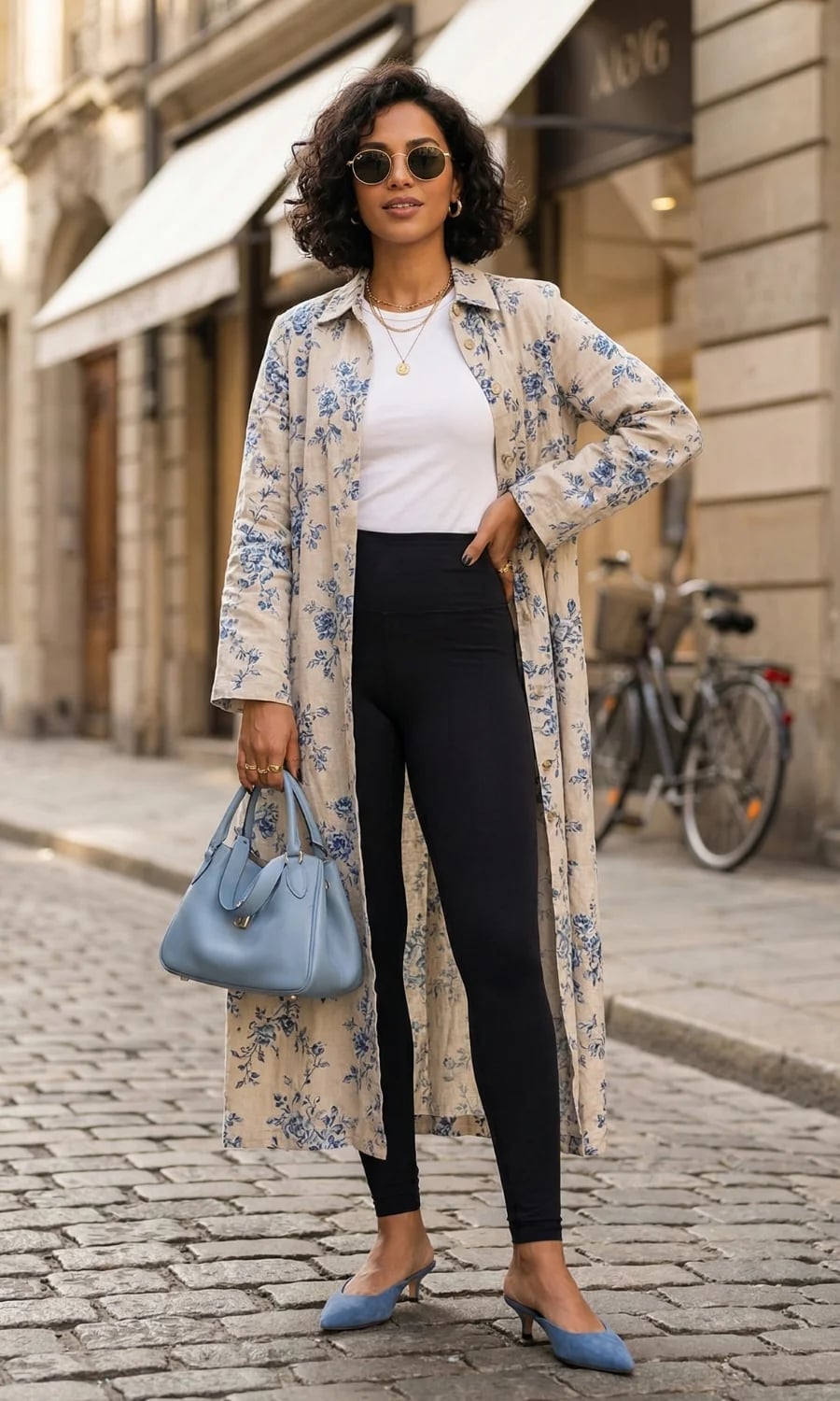 Floral Duster Over Leggings and T-Shirt with Blue Mules Floral Duster Over Leggings and T-Shirt with Blue Mules — Simple Mules Outfits