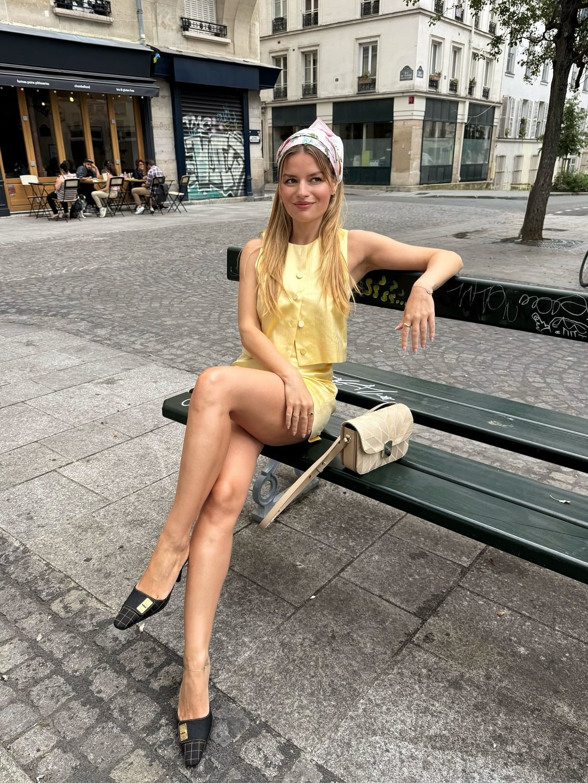 Yellow Linen Set with Black and Gold Mules Yellow Linen Set with Black and Gold Mules — Simple Mules Outfits