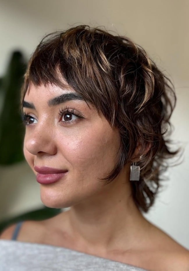 Ear Length Dark Brown Shag With Choppy Bangs and Wavy Fine Hair Ear Length Dark Brown Shag With Choppy Bangs and Wavy Fine Hair — Simple Mullet Hairstyles