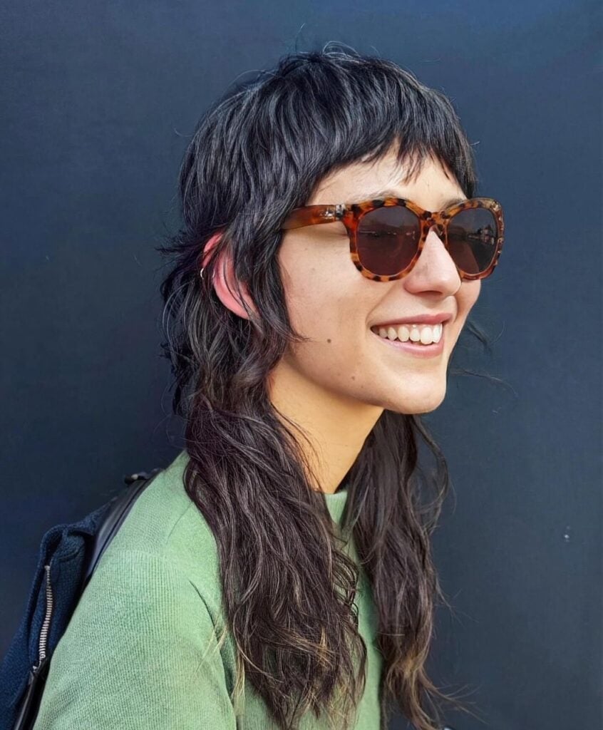 Mid-Back Dark Brown Mullet With Micro Bangs Mid-Back Dark Brown Mullet With Micro Bangs — Simple Mullet Hairstyles