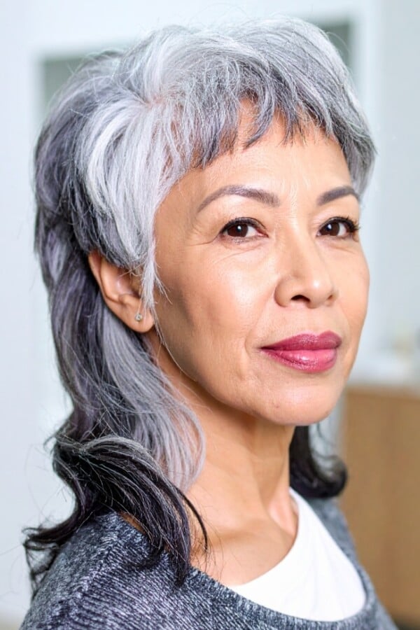 Grey And Dark Root Mullet Shag With Curtain Bangs Grey And Dark Root Mullet Shag With Curtain Bangs — Simple Mullet Hairstyles