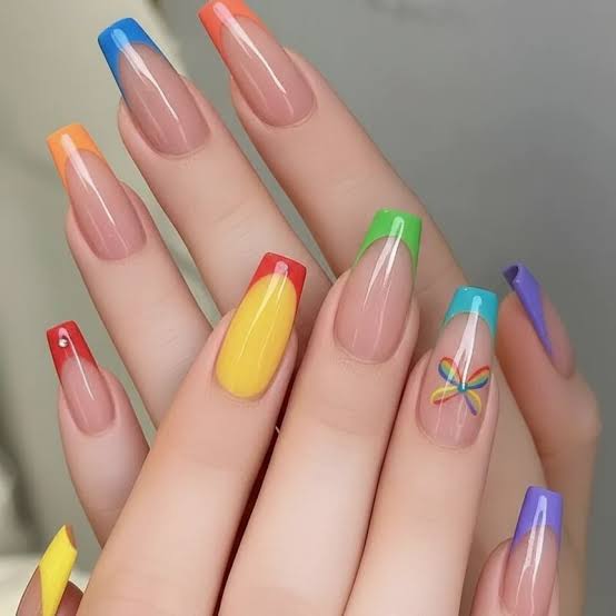 Long Coffin Nails With Rainbow French Tips Long Coffin Nails With Rainbow French Tips — Simple Nail Art Inspo