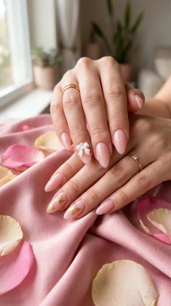 Medium Almond Nails With Butterfly Decals and Bow Medium Almond Nails With Butterfly Decals and Bow — Simple Nail Art Inspo