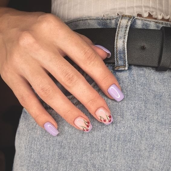 Short Square Nails With Lavender and Cherry Art Short Square Nails With Lavender and Cherry Art — Simple Nail Art Inspo