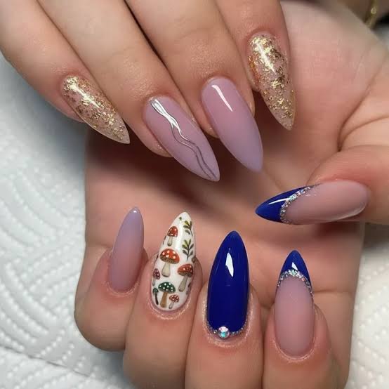 Long Almond Nails With Mushroom and Rhinestone Art Long Almond Nails With Mushroom and Rhinestone Art — Simple Nail Art Inspo