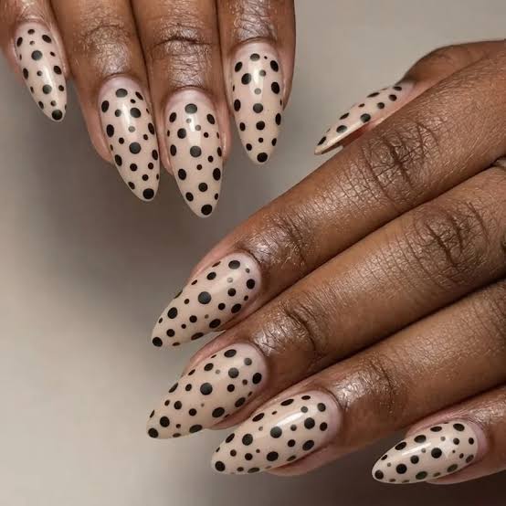Medium Almond Nails With Black Polka Dots Medium Almond Nails With Black Polka Dots — Simple Nail Art Inspo