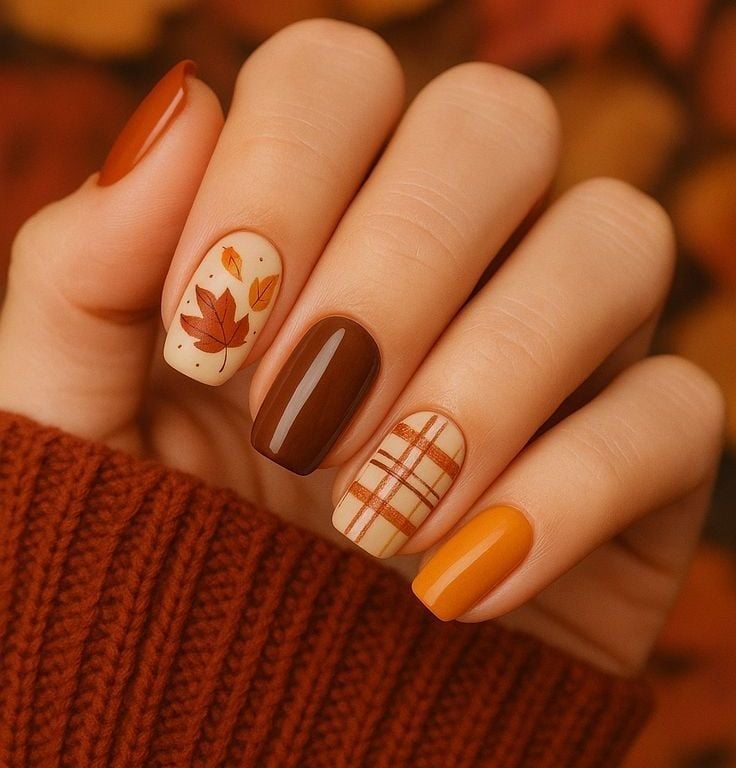 Medium Square Autumnal Nails With Leaves and Plaid Medium Square Autumnal Nails With Leaves and Plaid — Simple Nail Art Inspo