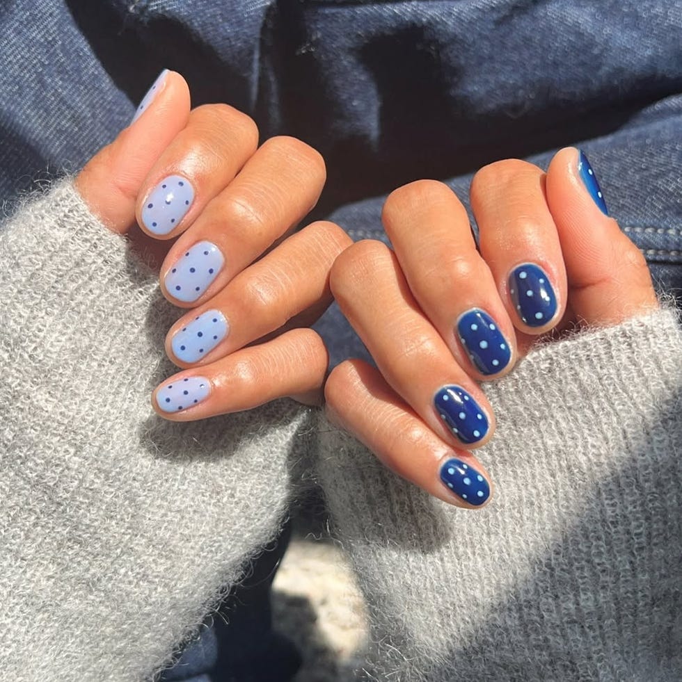 Short Oval Blue Polka Dot Nails Short Oval Blue Polka Dot Nails — Simple Nail Designs
