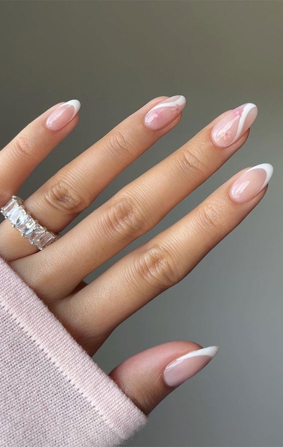 Medium Almond French With Pink Floral Accents Medium Almond French With Pink Floral Accents — Simple Nail Designs