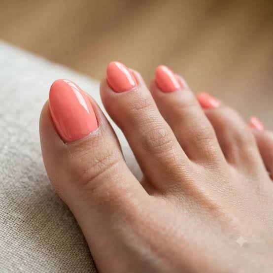 Opaque Coral Pink Glossy Short Almond Toenails Opaque Coral Pink Glossy Short Almond Toenails — Simple Pedicure Nails