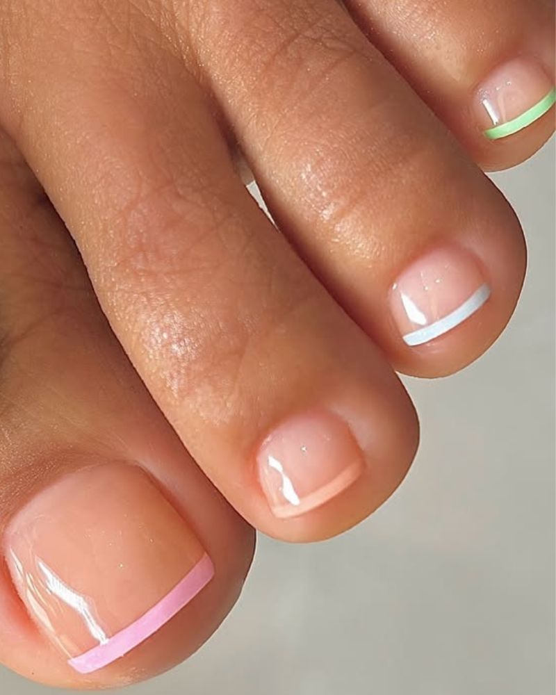 Sheer Nude Glossy Short Square with Pastel Lines Sheer Nude Glossy Short Square with Pastel Lines — Simple Pedicure Nails