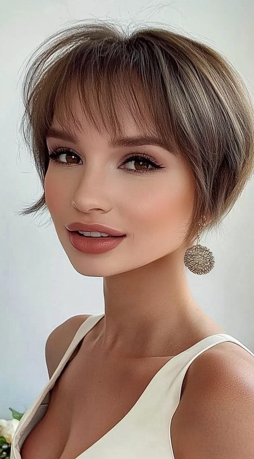Brown Bob With Curtain Bangs And Highlights Brown Bob With Curtain Bangs And Highlights — Simple Pixie Bob
