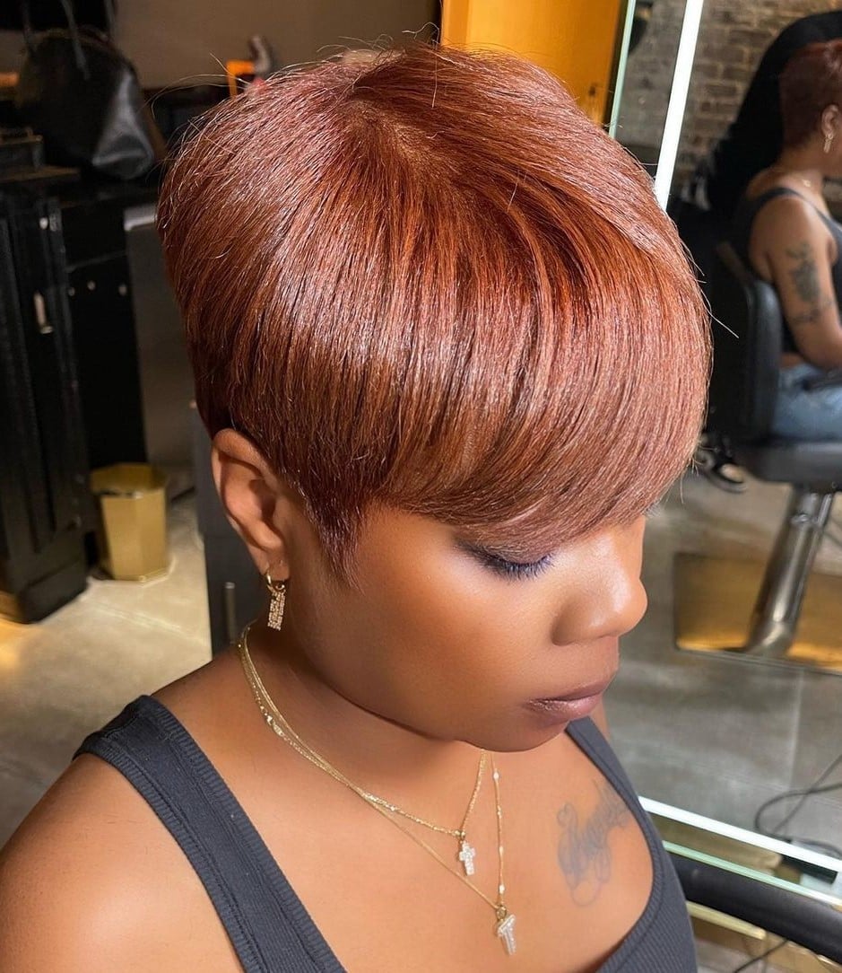 Coppery Red Pixie With Blunt Straight Bangs — Simple Pixie Hairstyles