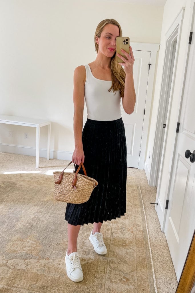Black Velvet Pleated Midi Skirt with a White Tank and Straw Tote Bag — Simple Pleated Skirt Outfits
