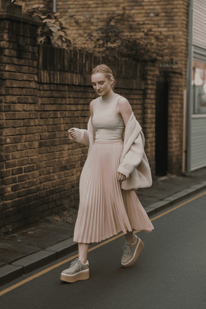 Pale Pink Pleated Midi Skirt with a Beige Knit Cardigan — Simple Pleated Skirt Outfits