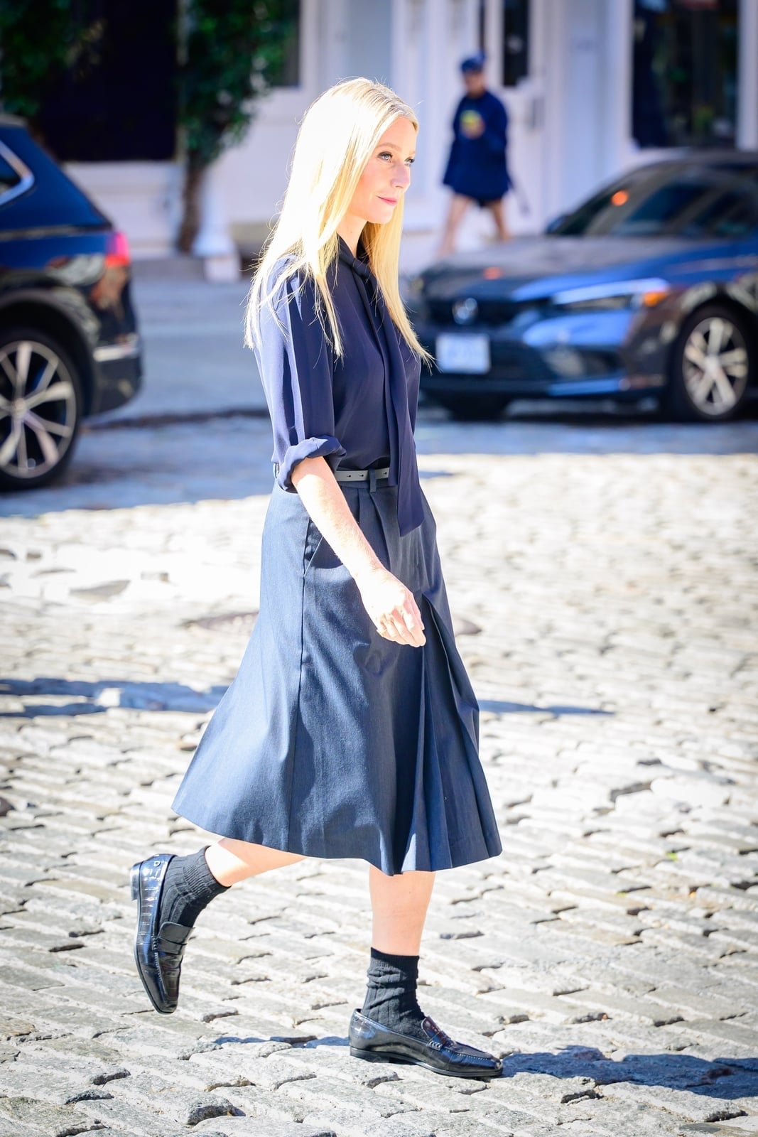 Navy Pleated Midi Skirt with a Collared Shirt — Simple Pleated Skirt Outfits