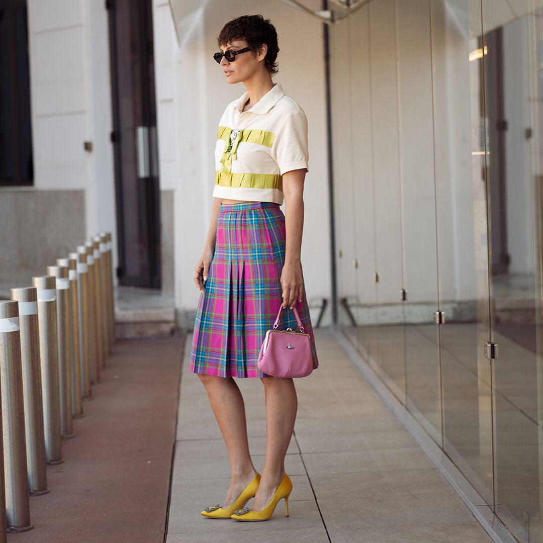 Plaid Pink and Blue Midi Skirt with a White Polo — Simple Pleated Skirt Outfits