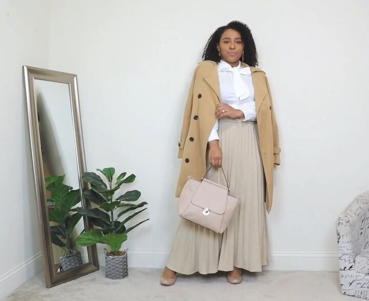 Long Beige Pleated Skirt with a Bow Blouse and Nude Pointed-Toe Heels — Simple Pleated Skirt Outfits