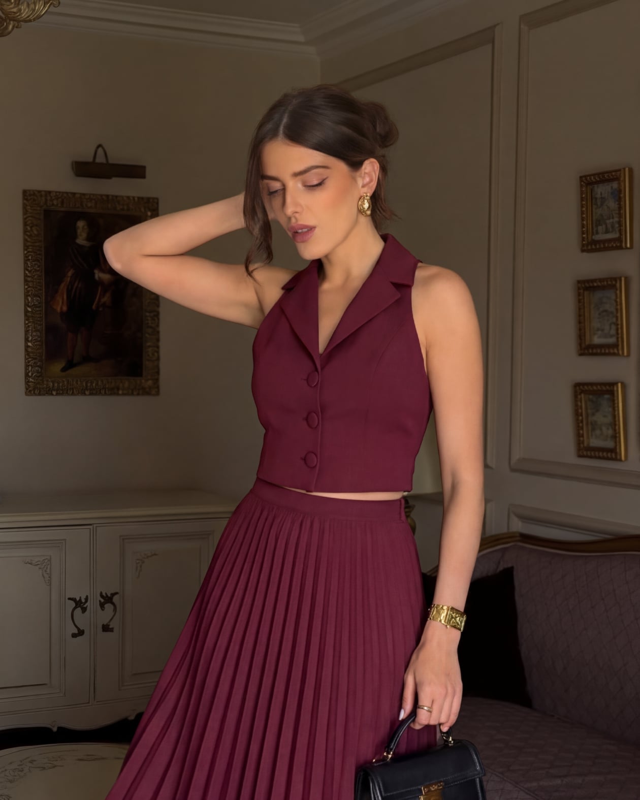 Maroon Pleated Midi Skirt with a Matching Vest — Simple Pleated Skirt Outfits