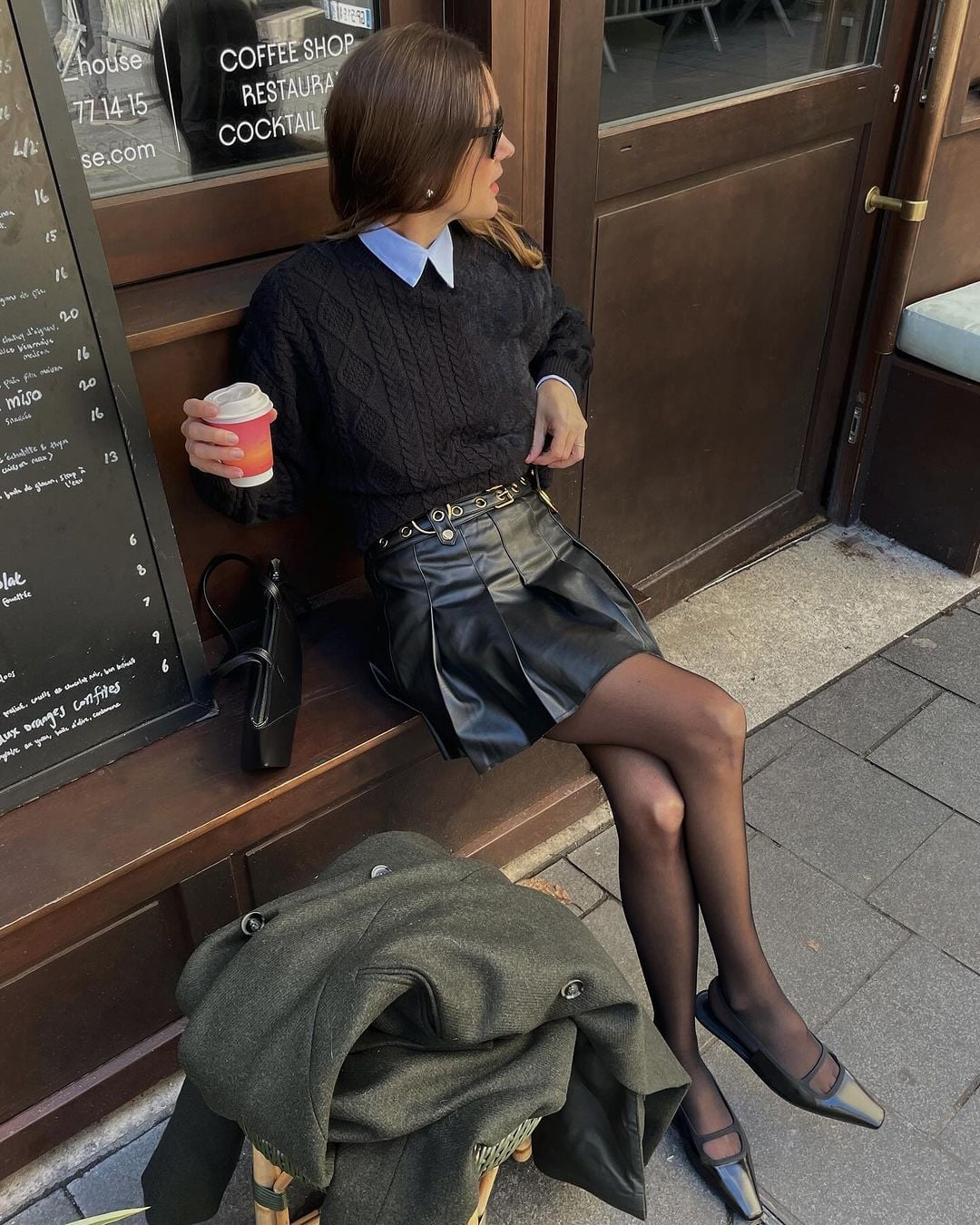 Faux Leather Pleated Mini Skirt with a Knit Sweater — Simple Pleated Skirt Outfits