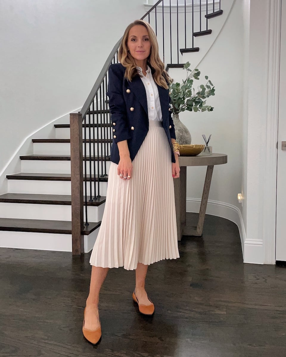 Cream Pleated Midi Skirt with a Navy Blazer — Simple Pleated Skirt Outfits