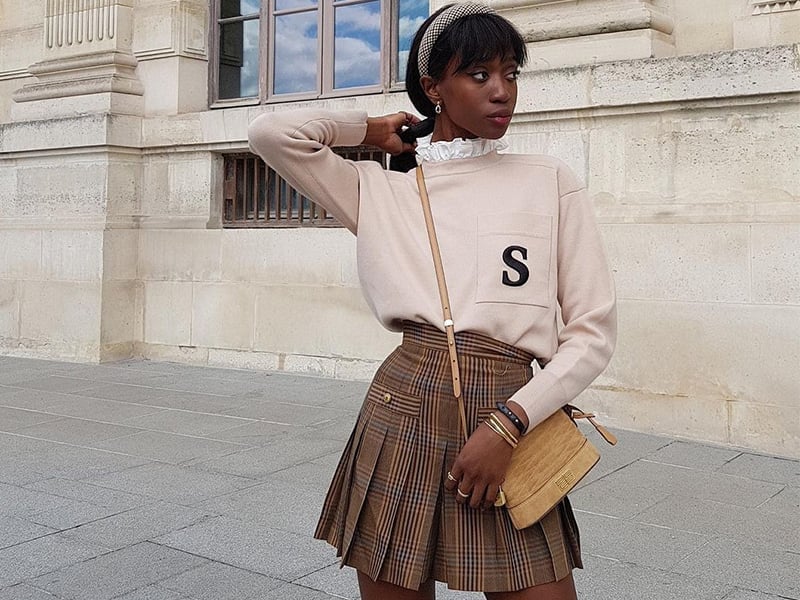 Brown Plaid Pleated Mini Skirt with a Beige Sweater — Simple Pleated Skirt Outfits