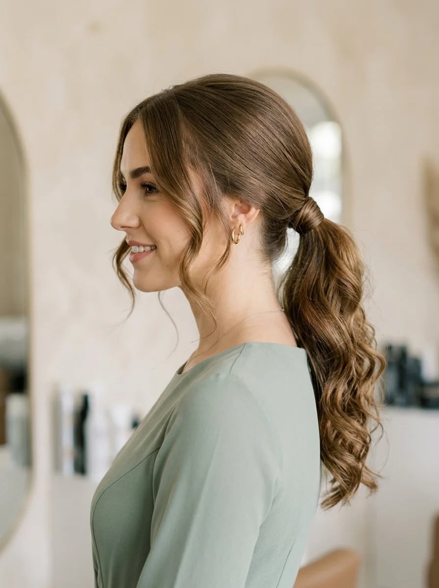 Polished Brown Low Ponytail With Waves Polished Brown Low Ponytail With Waves — Simple Pony Hairstyles